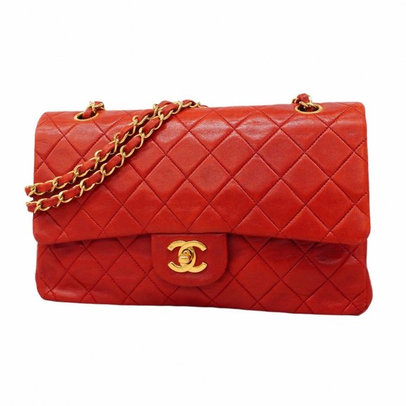 Chanel Matelasse Shoulder Bag with Double Flap and Chain, Lambskin, Red, Women's - Picture 1 of 16